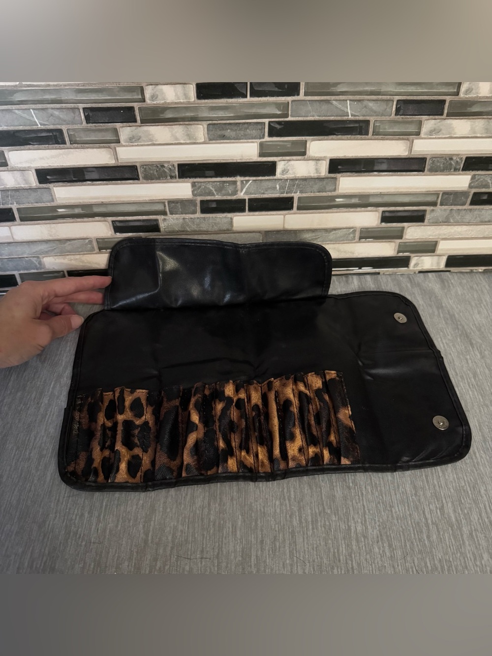 Leopard Print Travel Roll-Up Makeup Brush Organizer Case